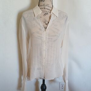 Jones New York Women's Blouse Cream Size 8 100% Silk Bell Sleeves Lacey Sheer